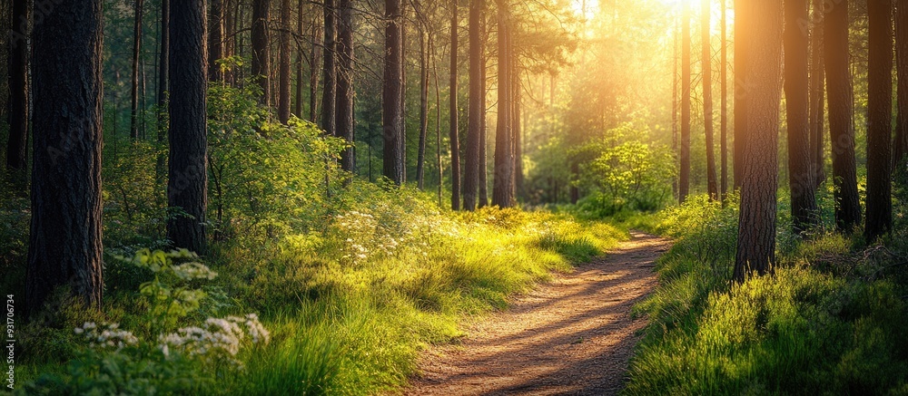 Leinwandbilder a bright sunny forest scene featuring a narrow trail on a summer day. with copy space image. place f