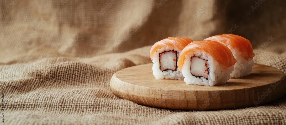 Poster Close up of sushi presented on a wooden plate set against a sack like texture. with copy space image. Place for adding text or design