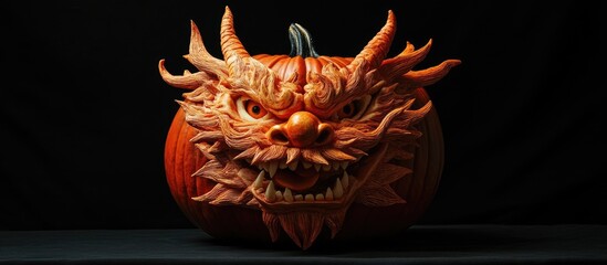 A frightening Halloween pumpkin shaped like the head of a Chinese dragon set against a black background. with copy space image. Place for adding text or design