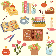Book reading set. Open books, cozy reading space, flowers, tea, candles, cake, and decorative elements. Ideal for illustrations related to studying and relaxation. colorful vector illustration.