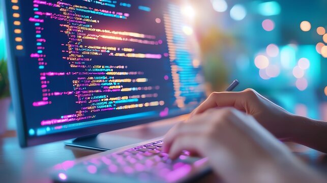 Person coding on a computer with colorful code on the screen, symbolizing software development, technology, and programming.