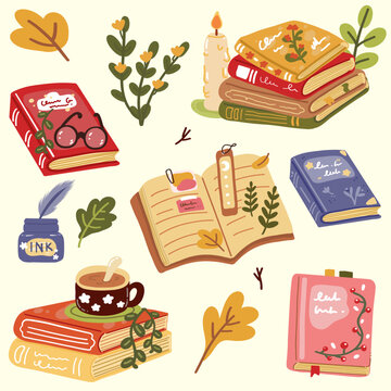 Book reading set. Open books, cozy reading space, reading glasses, and decorative elements. Ideal for illustrations related to studying and relaxation. colorful vector illustration.