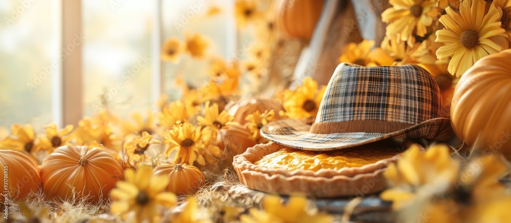 Poster autumn arrangement featuring pumpkins yellow tea flowers a cozy plaid and hat with a pumpkin pie in 