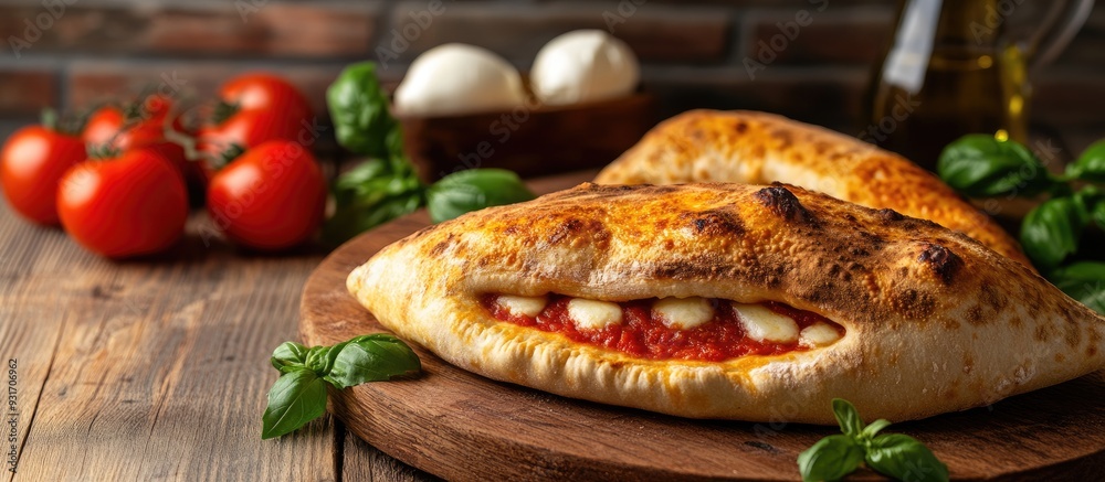 Aufkleber Italian cuisine stuffed calzone pizza on a rustic wooden surface In the background are small red tomatoes mozzarella basil and olive oil. with copy space image. Place for adding text or design