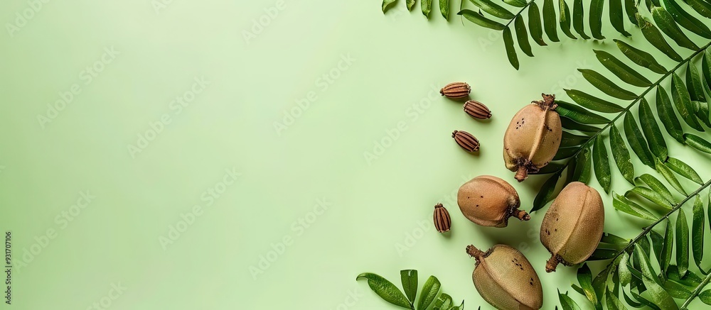 Leinwandbilder tamarind fruit with seeds isolated on a green background featuring copy space for your text top view