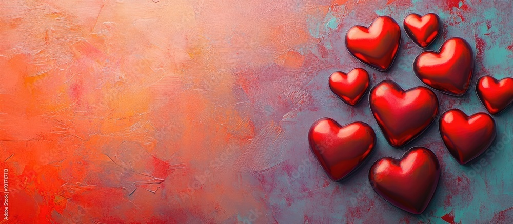 Aufkleber Top view arrangement of red hearts on a colorful backdrop Concept of romantic relationships Valentine s Day. with copy space image. Place for adding text or design