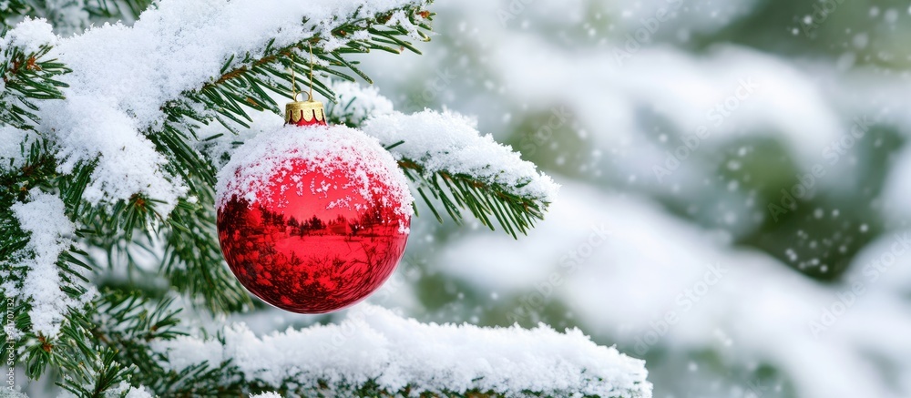 Aufkleber a shiny red christmas ornament sits on the snowy branch of a green tree snow covers the branches of 