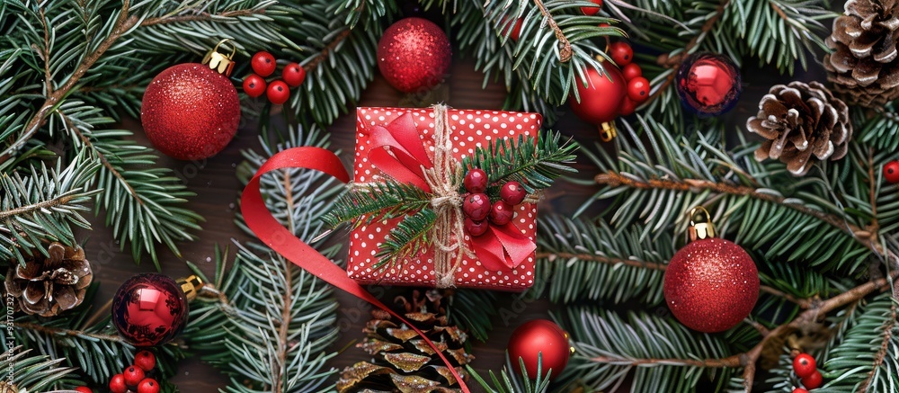 Poster christmas gift box adorned with red decorations and a fir tree branch on a green background top view