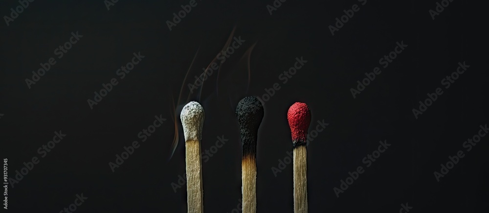 Poster three household matches on a black background one match is burnt while the other has sulfur. with co