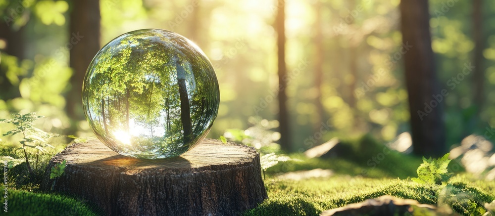 Fototapete Beautiful green trees outdoors with an inverted reflection A crystal ball on a stump in the forest Area for text. with copy space image. Place for adding text or design