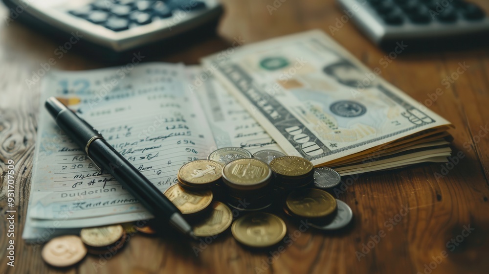 Fototapete A stack of cash and coins alongside a notebook filled with financial notes and calculations on a wooden table in a quiet workspace. Generative AI