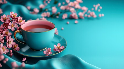 A blue teacup with pink tea sits on a blue satin fabric with pink flowers.