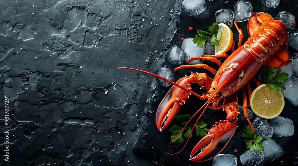 Poster raw lobsters on ice on a black stone table top view food seafood background closeup : generative ai