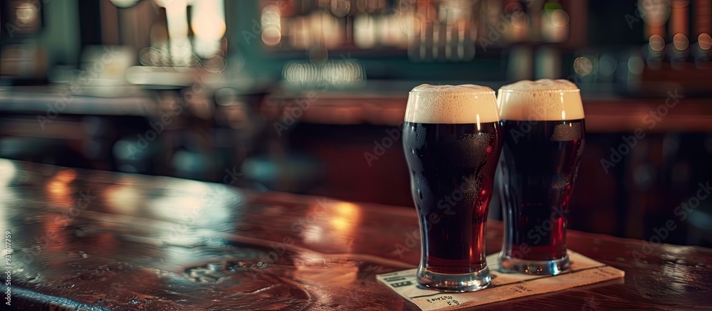 Aufkleber Dark beer in a glass on a table in a pub with copyspace for a menu text