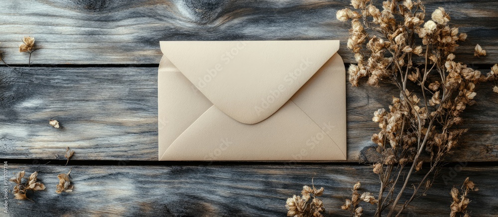 Aufkleber empty paper next to an envelope and a dried flower on a wooden board. with copy space image. Place for adding text or design