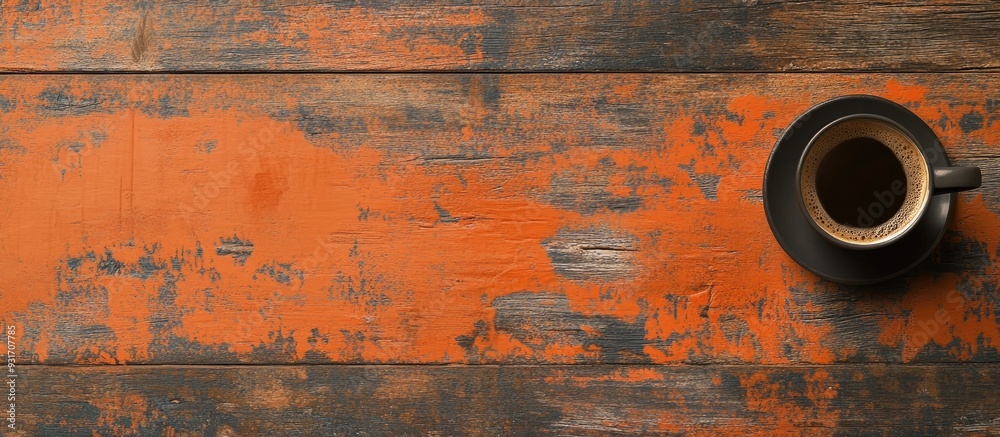 Leinwandbilder coffee on a distressed wooden background with a light orange hue. with copy space image. place for a
