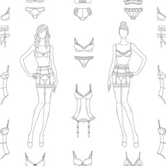Fashionable female lingerie collection, vector seamless pattern line background.  Feminine lace underwear sets, panties, bras, corsets, bodies, garter belts, and nightwear 