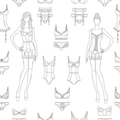 Fashionable female lingerie collection, vector seamless pattern line background.  Feminine lace underwear sets, panties, bras, corsets, bodies, garter belts, and nightwear 