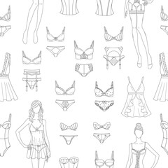 Fashionable female lingerie collection, vector seamless pattern line background.  Feminine lace underwear sets, panties, bras, corsets, bodies, garter belts, and nightwear 