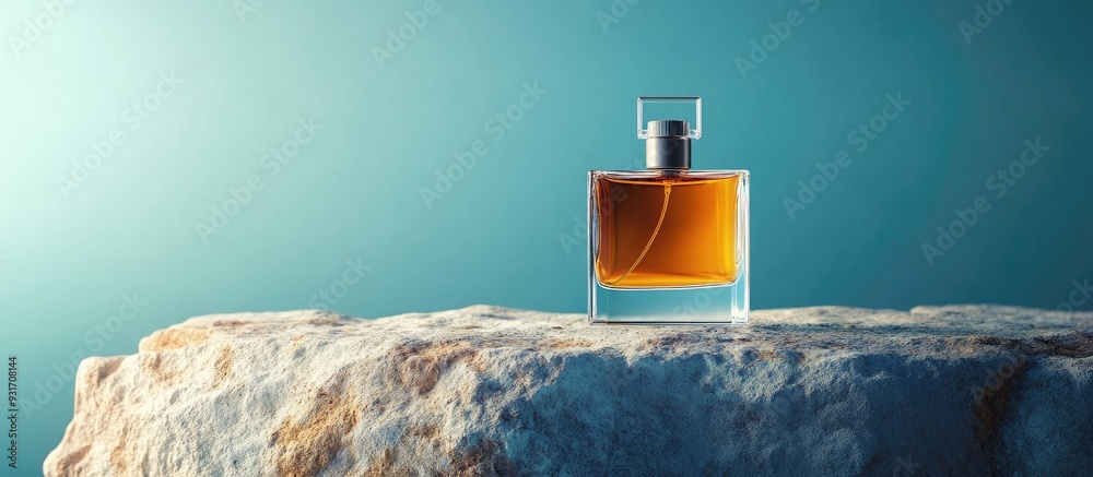 Aufkleber Elegant display of luxury men s perfume on stone with a light blue background Area for text. with copy space image. Place for adding text or design