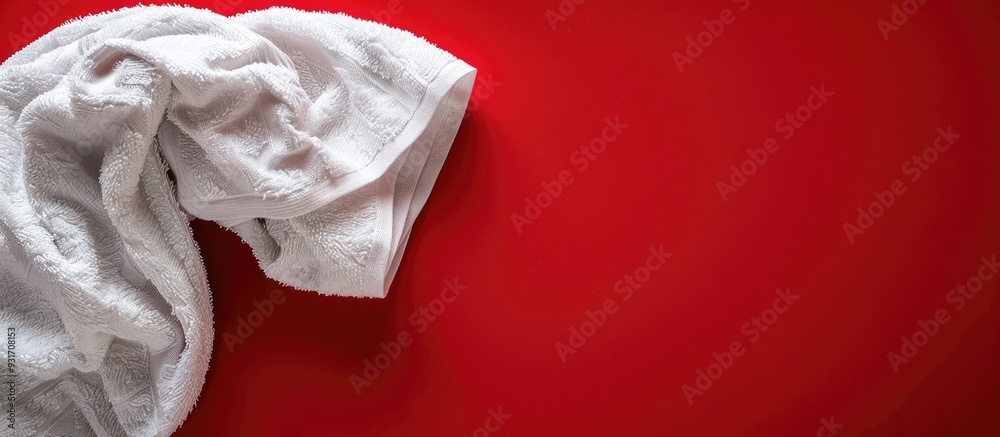 Aufkleber white terry towel on a red background top view copy space close up
