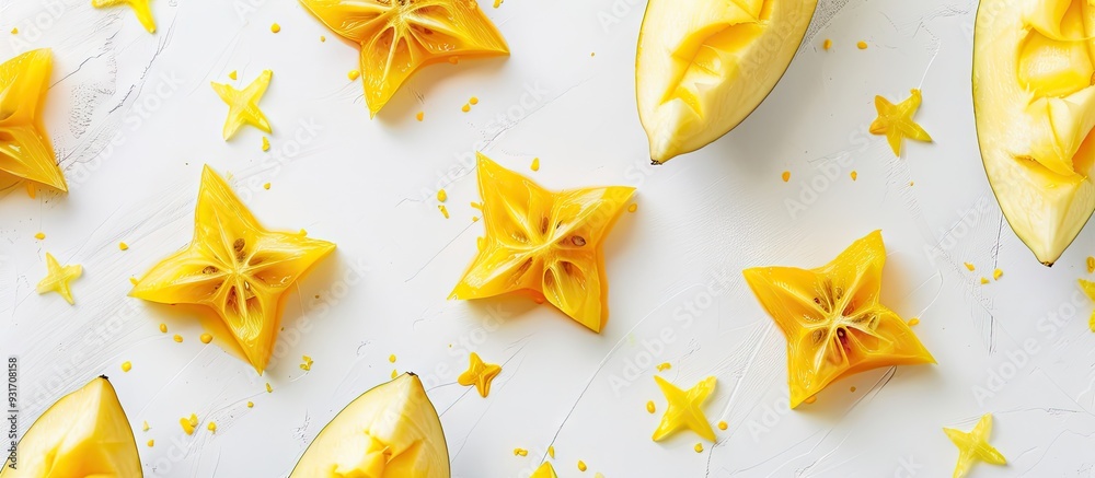Fototapete top view of star fruits on a white background with yellow watercolor. with copy space image. place f