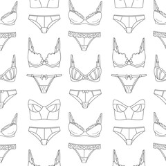 Fashionable female lingerie collection, vector seamless pattern line background. Panty and bra set.