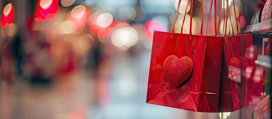 A closeup of gift bags positioned both horizontally and vertically suitable for shopping on St Valentine s Day with a background that has copy space