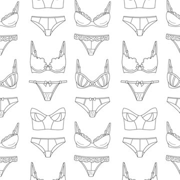 Fashionable female lingerie collection, vector seamless pattern line background. Panty and bra set.
