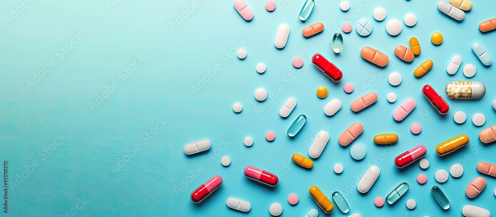 Wall mural Medical pharmaceutical healthcare backdrop Variety of colorful tablets capsules pills and vitamins on a blue background Flat lay top view copyspace Pill frame minimalist mockup