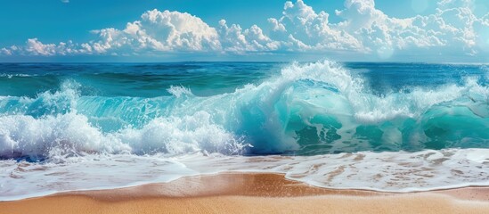 large wave crashing onto the sandy beach beneath a blue sky. with copy space image. Place for adding text or design