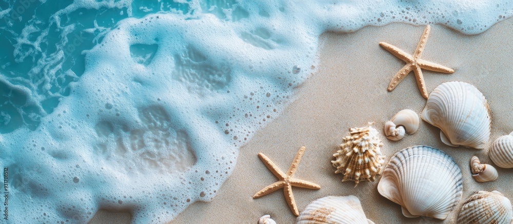 Poster Beach setting featuring shells and starfish Vacation theme Top view. with copy space image. Place for adding text or design