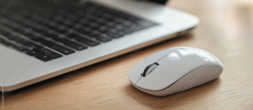Poster close up of a modern white wireless mouse next to a black laptop on a wooden desk. with copy space i