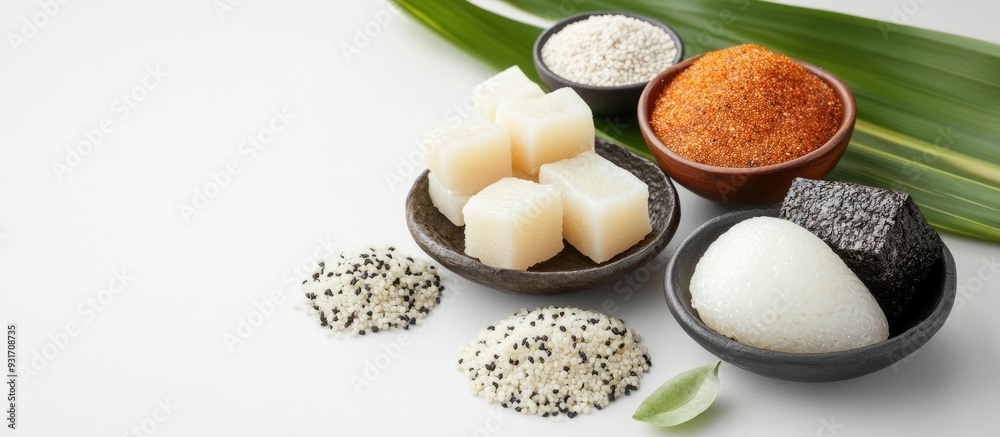 Poster a selection of konjac konnyaku well known japanese dietary food. with copy space image. place for ad