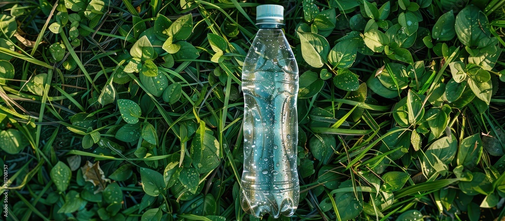 Poster an empty transparent plastic bottle sits on the grass after the rain representing environmental poll