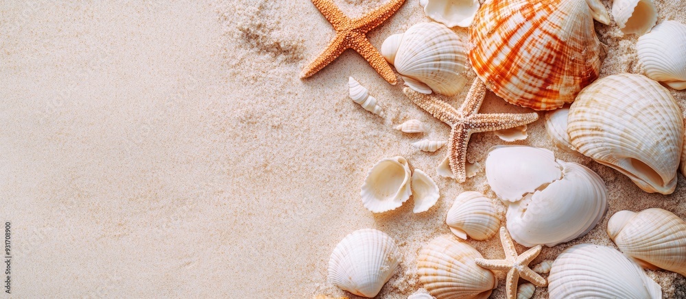 Poster Beach setting featuring shells and starfish Vacation theme Top view. with copy space image. Place for adding text or design