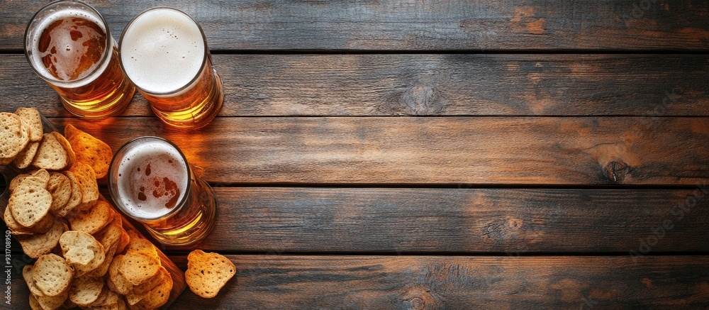 Poster lager beer and snacks on a wooden surface. with copy space image. place for adding text or design