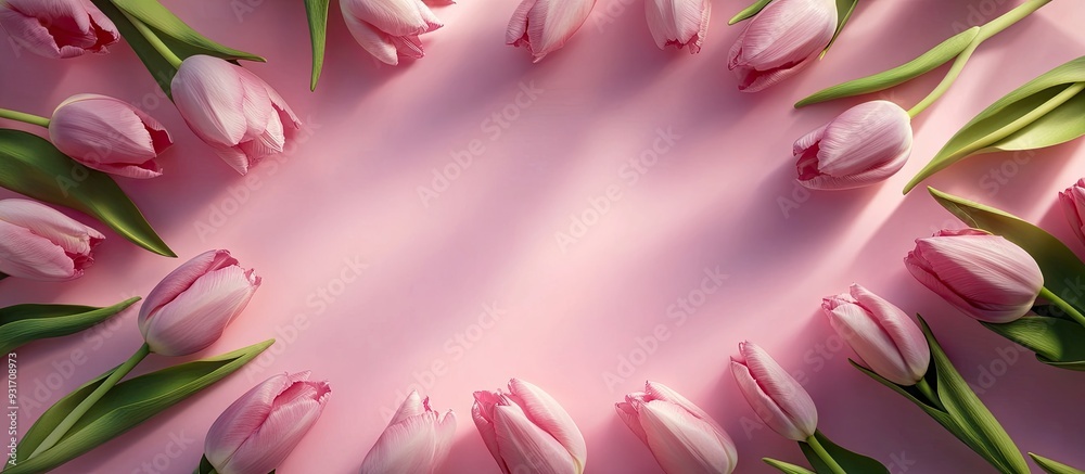 Poster pink tulips are arranged in a circle creating a frame on a pink backdrop with strong sunlight floral