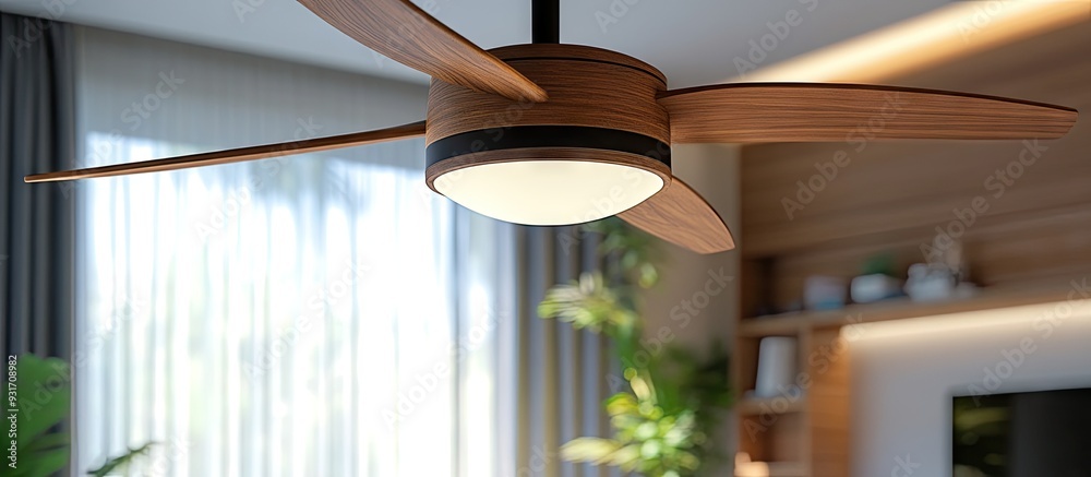 Aufkleber Ceiling fan featuring a wooden design with five blades and an integrated light. with copy space image. Place for adding text or design