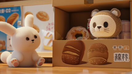 A cute white rabbit and bear doll plushie is hiding behind the brown box