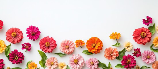 Beautiful zinnia flower arrangement on a white background Flat lay top view copyspace for still life