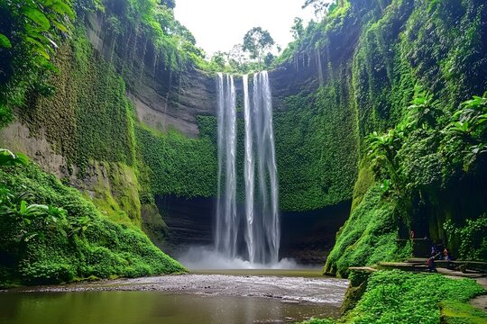 Lush green cliffs surround a powerful waterfall cascading into a tranquil pool.