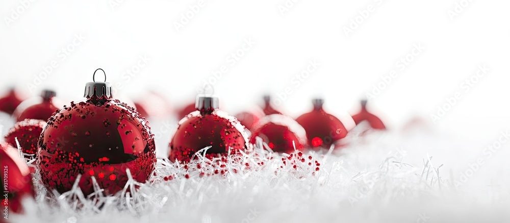 Aufkleber red glass christmas ornaments on a white fluffy background. with copy space image. place for adding 