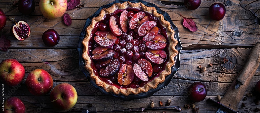 Poster Homemade pie featuring plums and apples set against a dark wooden background Rustic style Selective focus. with copy space image. Place for adding text or design