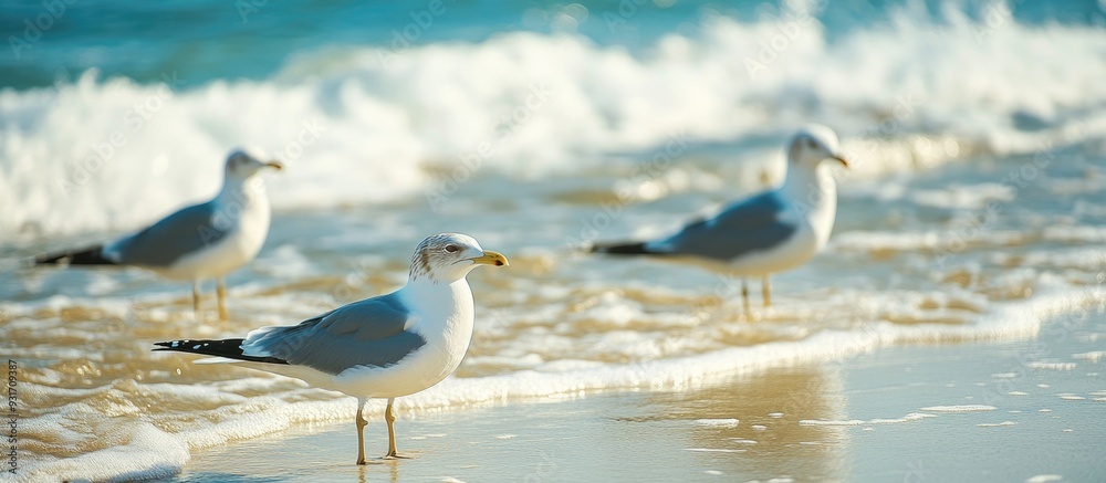 Aufkleber Seagulls at the beach in natural daylight. with copy space image. Place for adding text or design