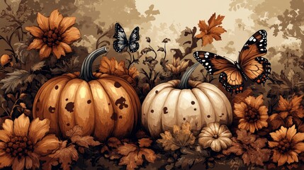 A beautiful autumn scene featuring pumpkins, colorful flowers, and butterflies in warm tones, evoking a cozy fall atmosphere.