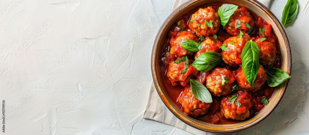 Poster Bowl of delicious meatballs with sauce on a light background. with copy space image. Place for adding text or design