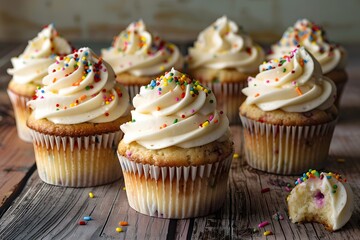 Colorful Sprinkles Cupcakes on Rustic Wooden Background