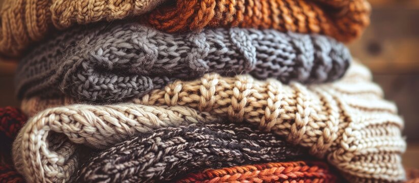 Pile of folded knitted sweaters with copyspace