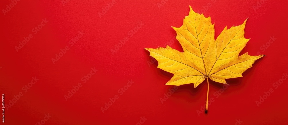 Leinwandbilder A yellow maple leaf is placed against a red background. with copy space image. Place for adding text or design